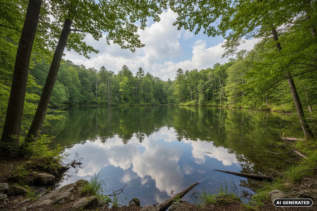 Home A serene lake reflects a cloudy blue sky, surrounded by dense green forest under a canopy of trees. (AI-generated)